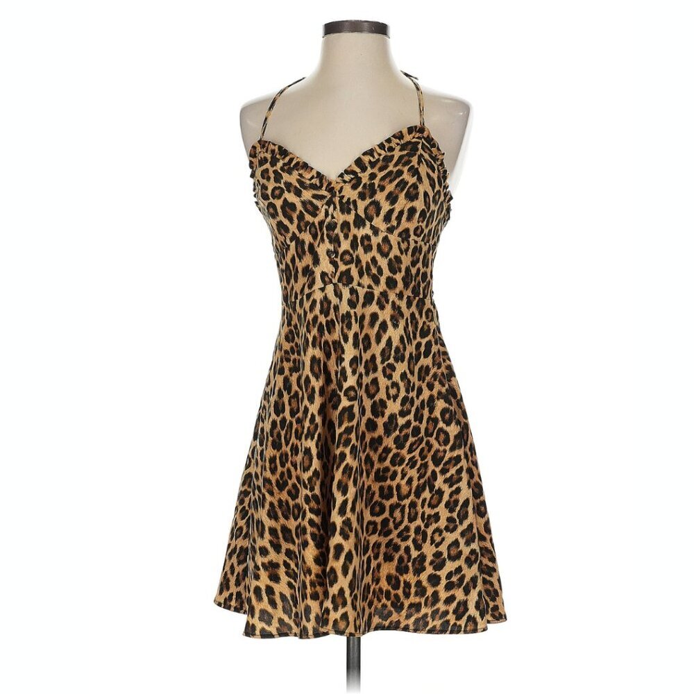 Zara Leopard Cheetah Animal Print Mini Dress Button Detail Ruffle Size Small - Picture 2 of 8